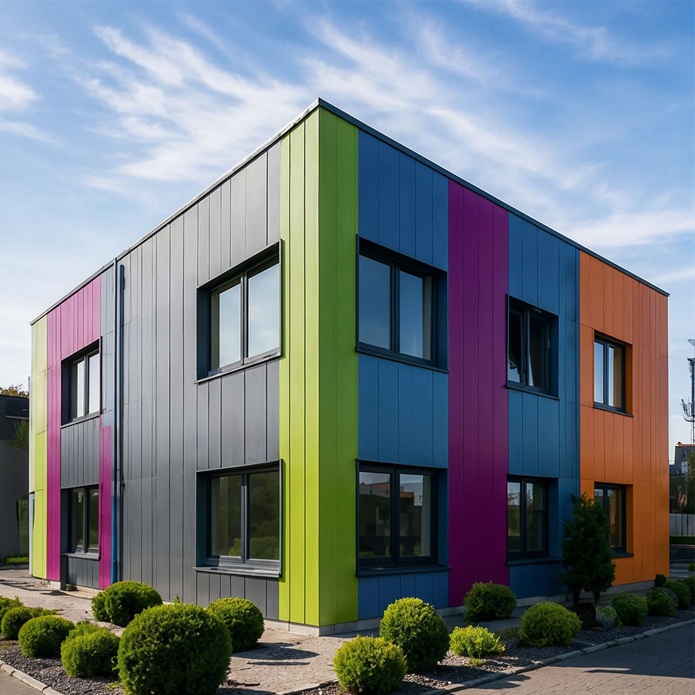 Gebäude mit farbigen Fassadenpaneelen von Farbenfroh Raumgestaltung.